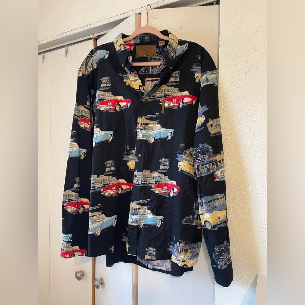 Vintage Car Print Black Button Down Shirt car show auto automobiles